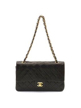 Chanel Quilted Double Flap 25 Chain Shoulder Black Lambskin Bag